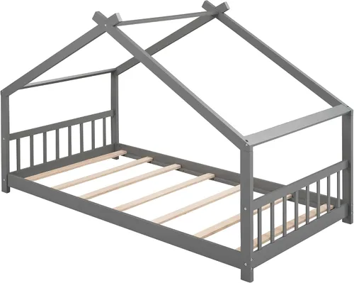 Miniatura 8 de Bellemave Montessori - Cama de suelo tamaño individual, marco de cama individual con cabecero, estribo, cama Montessori de madera con listones