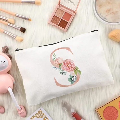 Miniatura 2 de Sanwuta 2 bolsas de lona con inicial, diseño floral con letras florales, bolsas de cosméticos de viaje, bolsas con monograma para mujer, mujer
