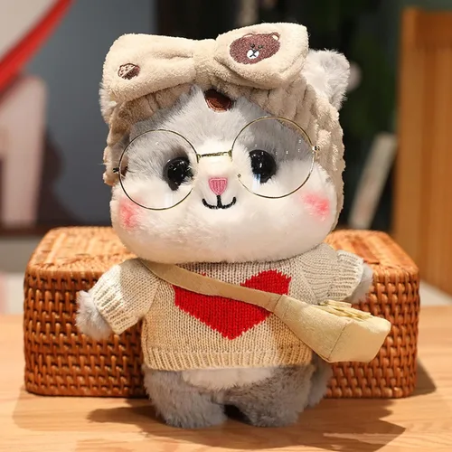 Miniatura 4 de Juguete de peluche de pato con 9 trajes y accesorios para combinar con ropa de vestir para niños (12 pulgadas) (gato gris)