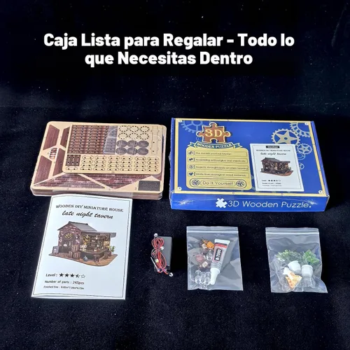 Miniatura 7 de Kit de rincón de libros, rompecabezas de madera 3D para bricolaje, casa en miniatura, taberna de esquina de pub vintage con luces LED, mini kit