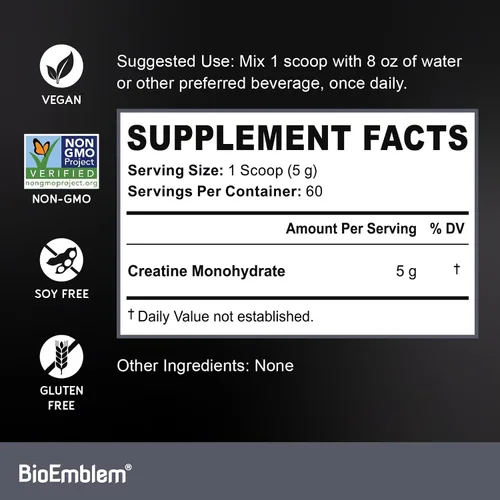 Miniatura 5 de BioEmblem Monohidrato de creatina en polvo, creatina micronizada sin sabor se mezcla fácilmente, fuerza muscular, recuperación de entrenamiento