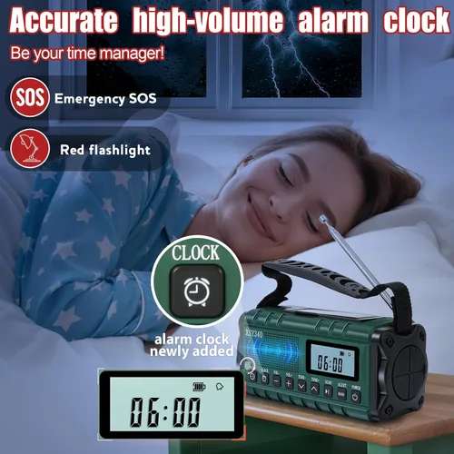 Miniatura 6 de Radio de emergencia NOAA de alerta meteorológica con energía solar y manivela de mano USB-C carga portátil radio AM/FM 3W, lámpara de lectura