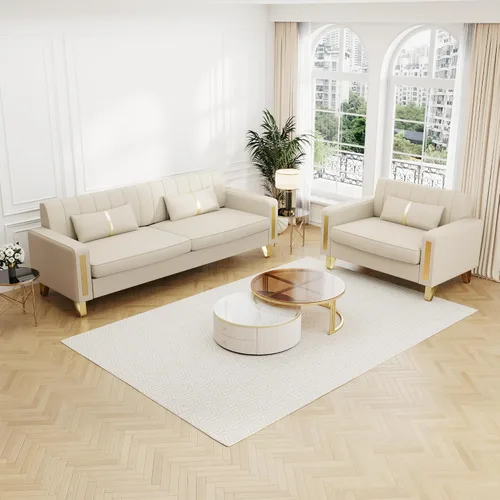 Miniatura 14 de Sofá cama modular de tela de terciopelo de 85.62 pulgadas, 3 asientos, fácil de montar con 2 almohadas de sofá, patas de metal dorado para sala