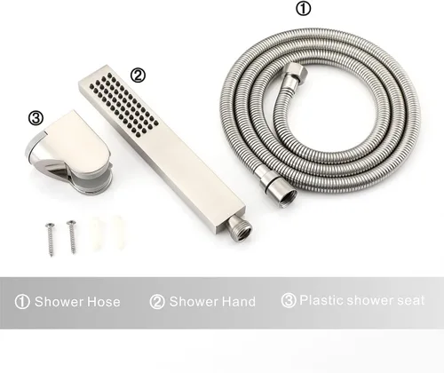 Miniatura 6 de Asyas Cabezal de ducha de mano de níquel cepillado de latón macizo con conector de pared ajustable, soporte de ducha y manguera, cuadrado de alta
