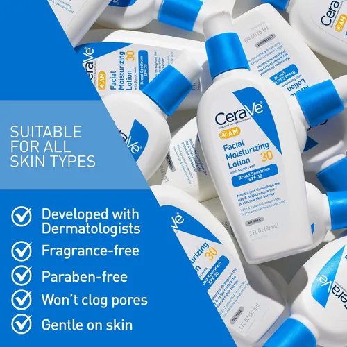 Miniatura 5 de CeraVe AM Loción hidratante facial con SPF 30, hidratante facial sin aceite con SPF, formulado con ácido hialurónico, niacinamida y ceramidas,