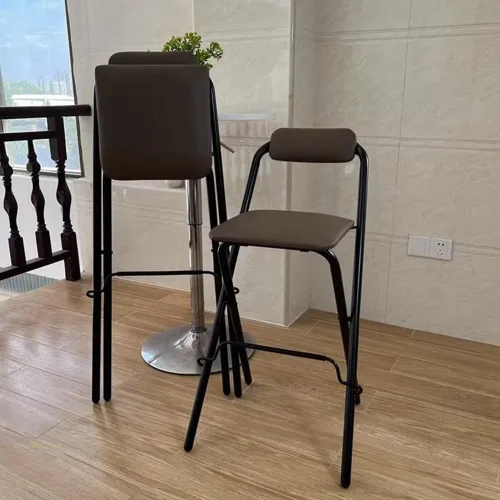 Miniatura 2 de Taburete de bar plegable de 26 ″/28 ″/30 ″, taburete de bar acolchado marrón rústico, silla alta de desayuno de cocina con respaldo y reposapiés