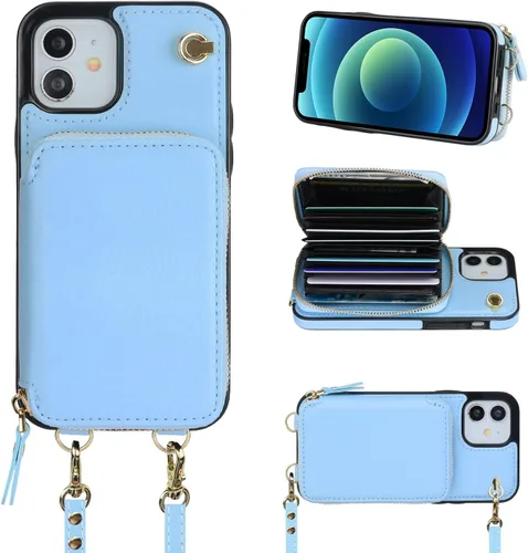 Miniatura 15 de Bocasal Funda tipo cartera cruzada para iPhone 12/12 Pro, funda de piel con bloqueo RFID y soporte para tarjetas, funda protectora con cremallera