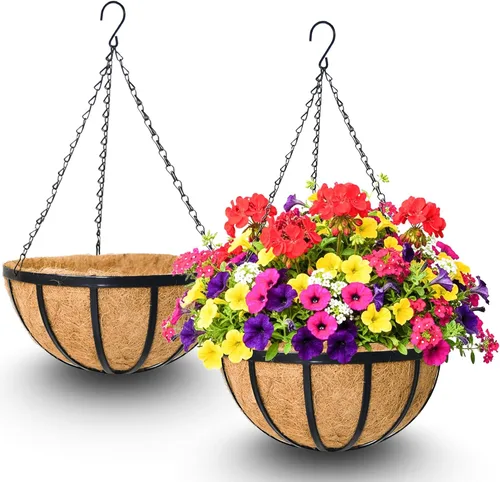 Miniatura 10 de Paquete de 2 cestas colgantes de 12 pulgadas para plantas al aire libre, macetas colgantes redondas de metal con forro de fibra de coco