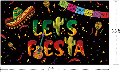 Miniatura 2 de Telón de fondo negro de Let's Fiesta Mexicana, 6 x 3.6 pies, decoración de fiesta de Let's Fiesta Luau Cinco de Mayo, decoración de cumpleaños