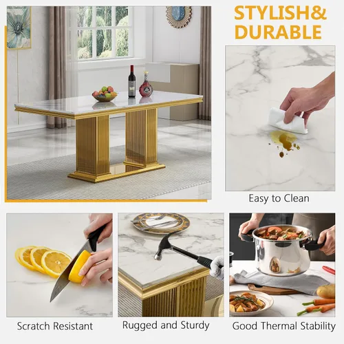 Miniatura 5 de Juego de mesa de comedor de 5 piezas, moderno juego de mesa de comedor para 4, 70 pulgadas, juego de mesa de comedor de mármol sintético blanco