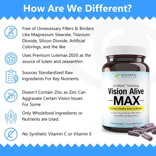 Miniatura 5 de Holistic Health Labs Visión Alive Max con 8 Ingredientes Naturales Lutemax® 2020, Mirtos, Arándanos, c3g de Grosella Negra, Baya Maqui, Azafrán
