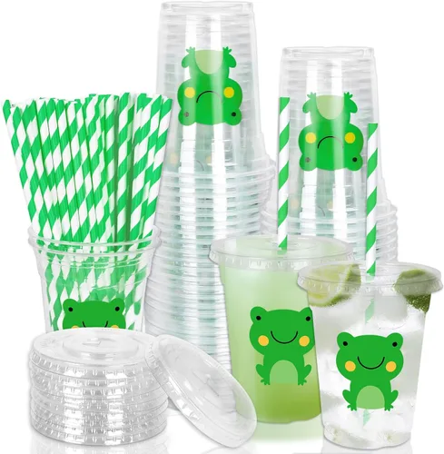 Miniatura 49 de Whaline 50 vasos de plástico desechables patrióticos de 12 onzas con tapas y pajitas con la bandera estadounidense del 4 de julio, vasos