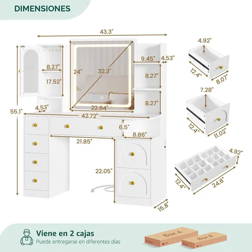 Miniatura 7 de Hasuit - Escritorio de tocador blanco con espejo y luces LED, escritorio grande de tocador de maquillaje con 7 cajones, estantes de almacenamiento