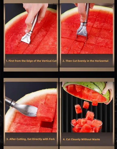 Miniatura 5 de 2023 Nuevo tenedor de sandía 3 en 1 con paño de limpieza, cortador multifuncional para rebanar, cortador de melón de agua, tenedor de sandía