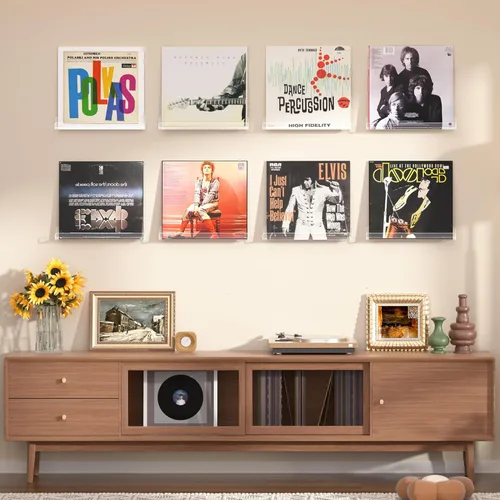Miniatura 2 de upsimples Paquete de 8 estantes de pared para discos de vinilo, soporte de 12" para almacenamiento y exhibición de álbumes, estantes flotantes