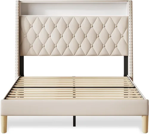 Miniatura 7 de WLIVE Base de cama tapizada de tamaño matrimonial con cabecera de ala de 48 pulgadas de alto, cama cuadrada de terciopelo con estación de carga