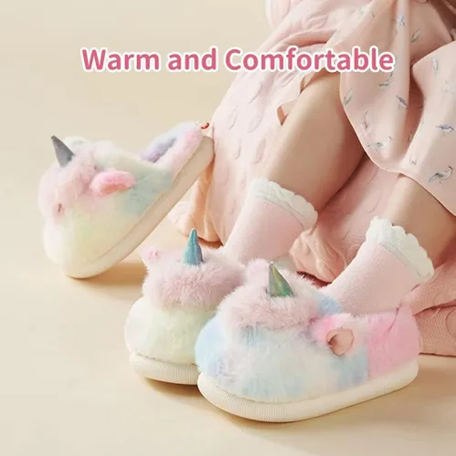 Miniatura 5 de Yooname Cute Unicorn Dinosaur Plush Warm Slippers for Kids Toddlers Girls Boys, Winter Cozy House Non-slip Slippers for Indoor Outdoor,Unicorn Gift