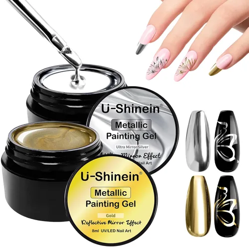 Miniatura 11 de Gel de pintura metálica de 2 x 0.3 fl oz, esmalte de uñas plateado y dorado, pintura de metal 3D, esmalte de gel de dibujo de espejo, esmalte