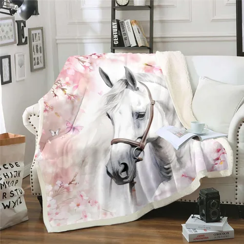 Miniatura 4 de Erosebridal Manta de Tiro de Caballo Blanco Manta de Vellón de Flor de Cerezo Rosa y Mariposa, Mantas y Tiros de Animales de Granja Caballo 40"X50