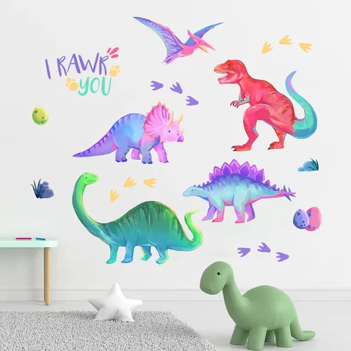 Miniatura 7 de Yovkky Calcomanías inspiradoras de pared de dinosaurio degradado pastel, con cita motivacional de dinosaurio, decoración neutra para guardería