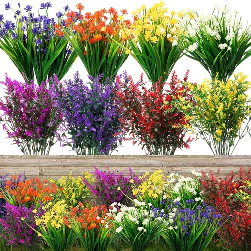 Zeyune 24 paquetes de flores artificiales realistas para exteriores, 8 colores, flores de plástico falsas que no se decoloran, plantas para