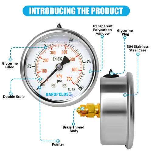 Miniatura 2 de Medidor de presión relleno de líquido de 0-100 psi, cara de dial de 2.5 pulgadas, carcasa de acero inoxidable para montaje trasero NPT de 1/4
