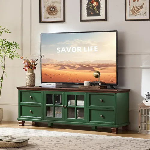 Miniatura 7 de SAVOR LIFE Soporte de TV de granja para sala de estar, centro de entretenimiento verde rústico con armario de almacenamiento, consola de TV