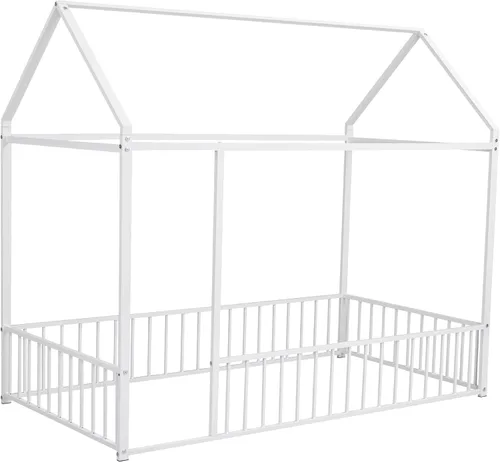 Miniatura 3 de Bellemave Cama de Piso Montessori Tamaño Twin, Marco de Cama Casa de Metal para Niños, Camas de Piso Montessori con Cerca, Blanco