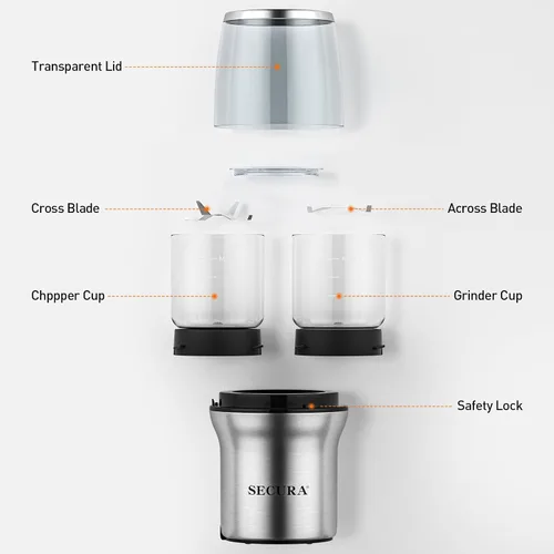 Miniatura 9 de Secura Molinillo de café eléctrico, molinillo de especias, cuencos de vidrio dobles para molienda húmeda y seca