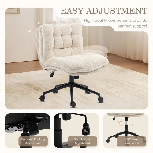 Miniatura 6 de Dowinx Silla Criss Cross con ruedas, cojín engrosado de doble capa, silla de tocador moderna para el hogar de tela premium con asiento ancho, beige