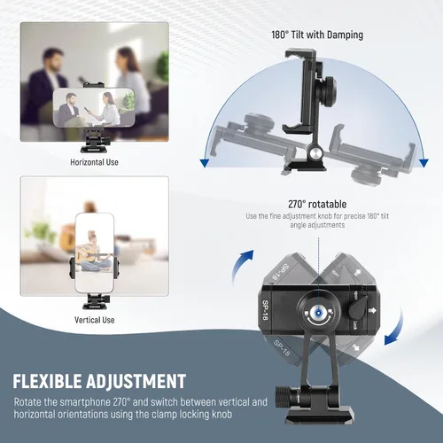 Miniatura 4 de Adaptador de montaje de trípode para teléfono Neewer con base tipo Arca QR, zapata fría, agujeros de 1/4" y 3/8", giro de 360° y inclinación