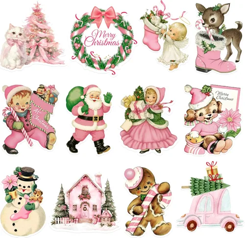12 recortes de Navidad vintage rosados de doble cara retro Papá Noel muñeco de nieve recortes estilo victoriano Navidad invierno vacaciones