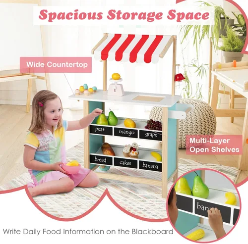 Miniatura 3 de HONEY JOY Carrito de Helados para Niños, Set de Juego de Tienda de Abarrotes de Madera con 6 Piezas de Comida de Juguete, Campana Realista y Báscula