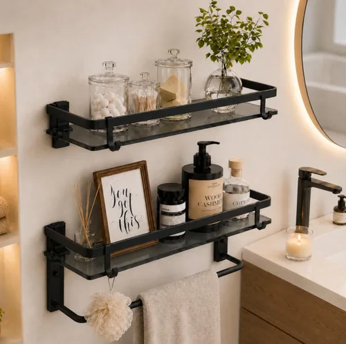 Miniatura 11 de VOLPONE Estante de pared para baño, estantes de vidrio negro, estantes de baño de 15.7in con toallero, estante para toallas, montaje en pared, 2