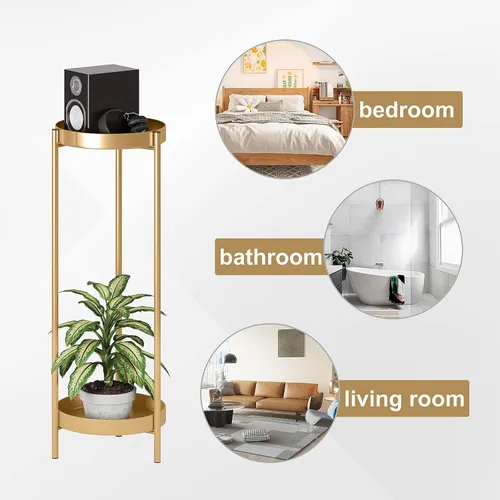 Miniatura 3 de Soporte alto de metal dorado para plantas para interiores o exteriores, estante esquinero moderno de 30 pulgadas y 2 niveles con 2 estantes