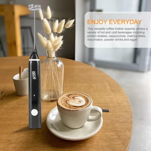 Miniatura 7 de Delm Espumador de leche eléctrico USB de acero inoxidable, espumador para lattes, espumador de leche de mano para capuchino, frappé, matcha, Negro