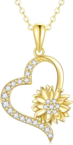 SISGEM Solid 14k Gold Sunflower Heart Necklace for Women, Real Gold Flower Necklace You are May Sunshine Necklace Fine Jewelry Gifts for Wife,