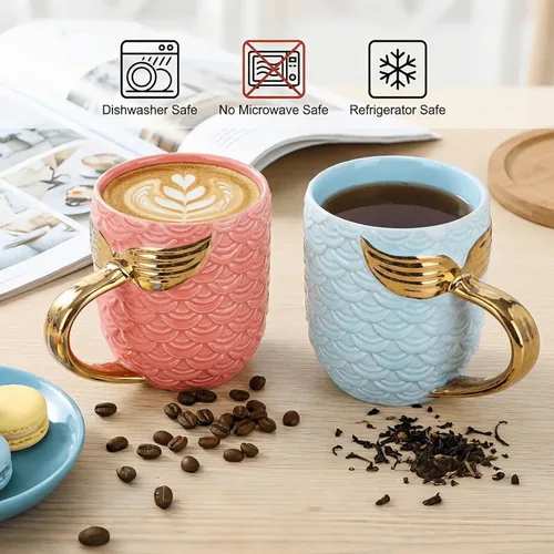 Miniatura 4 de Youeon Juego de 2 tazas de café de cerámica de 12 onzas con textura escalada, juego de tazas rosas y azules con mango metálico en la cola, regalo