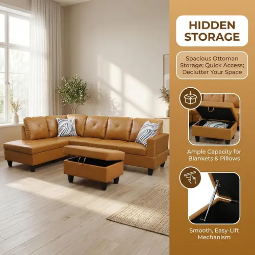 Miniatura 2 de Sofá modular de cuero en forma de L de 3 piezas – Sofá modular convertible con diván móvil y otomana de almacenamiento, uso multiescenario para sala