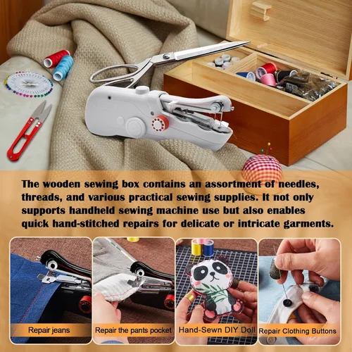 Miniatura 4 de Máquina de coser de mano con exquisita caja de almacenamiento de madera y kit de costura de 142 piezas, interruptor eléctrico, fuente