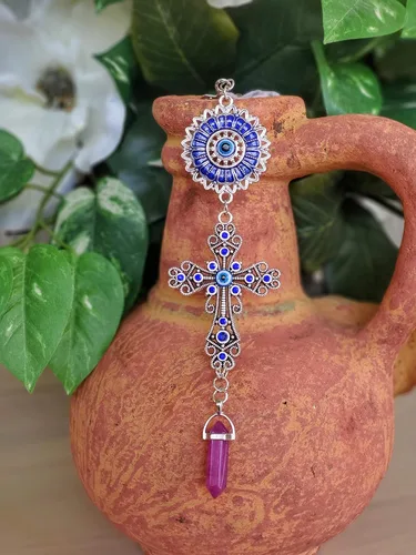 Miniatura 6 de LUCKBOOSTIUM Amuleto de cruz con incrustaciones de cristal azul y mandala azul de ojo malvado con piedra curativa colgante, dijes de naturaleza