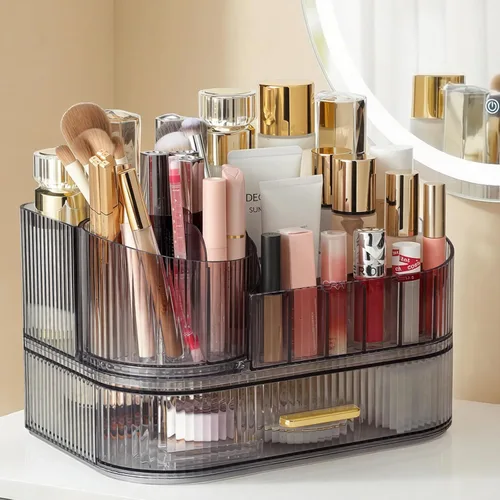 Delamu Organizador de maquillaje para tocador con cajones apilables, soporte giratorio de 360º para brochas de maquillaje, vitrina grande de