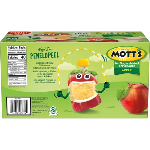 Miniatura 20 de Mott's Puré de manzana sin azúcar añadido, hecho de fruta real, sin sabores artificiales, bolsas transparentes de 3.2 onzas, paquete de 20