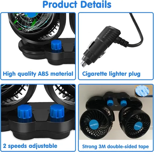 Miniatura 5 de Yerloa Ventilador de coche eléctrico de 12 V, ventilador portátil para automóvil, doble cabeza, rotación de 360 grados, ventilador de aire
