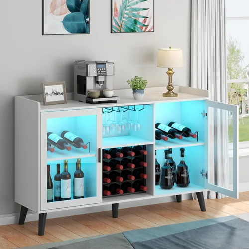 Miniatura 8 de Auromie Gabinete de bar de vinos con luz LED, gabinete de café para el hogar con estante para vino y vidrio, aparador de cocina con estantes