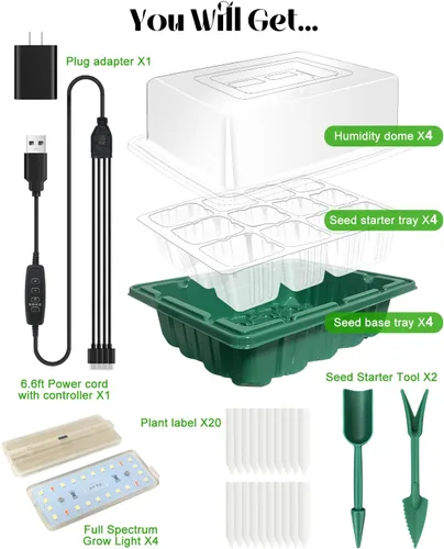 Miniatura 7 de Bandeja de inicio de semillas con luz de crecimiento (4 x 24 LED), paquete de 4 kits de inicio de semillas de 48 celdas con cúpulas de humedad