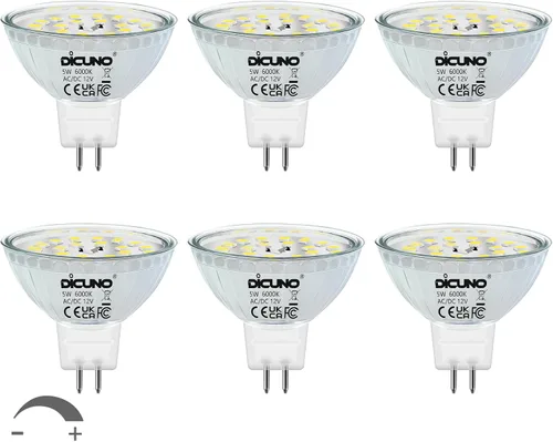 Miniatura 12 de DiCUNO Bombillas LED MR16 regulables, luz blanca diurna, 6000 K, 50 W, equivalente a halógeno, 12 V CA/CC, bombilla base de 5 W GU5.3 bi-pines, Luz