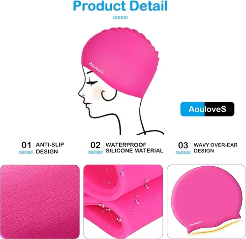 Miniatura 2 de Paquete de 2 gorros de natación para niños y niñas, unisex, de silicona, para niños de 4 a 12 años, ajuste cómodo para cabello largo y cabello corto