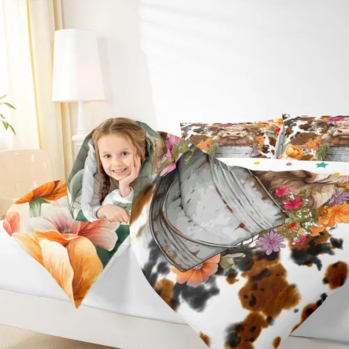 Miniatura 4 de Juego de edredón con diseño de vaca de las tierras altas para niños y adultos, juego de cama retro con piel de vaca, estilo granja, animal, ropa