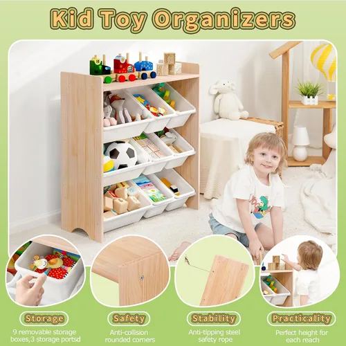 Miniatura 6 de MallBest Organizador de juguetes para niños con 9 contenedores – Estante de almacenamiento de 4 niveles 100% madera maciza para sala